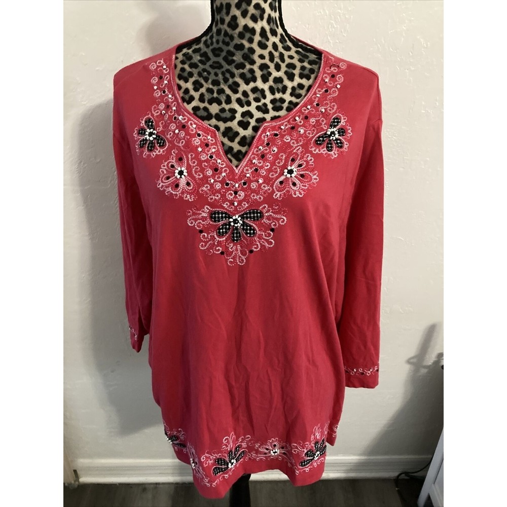 alfred dunner Top Blouse 3X Cotton Pink Barbie Core Boho Beaded Sequins Floral